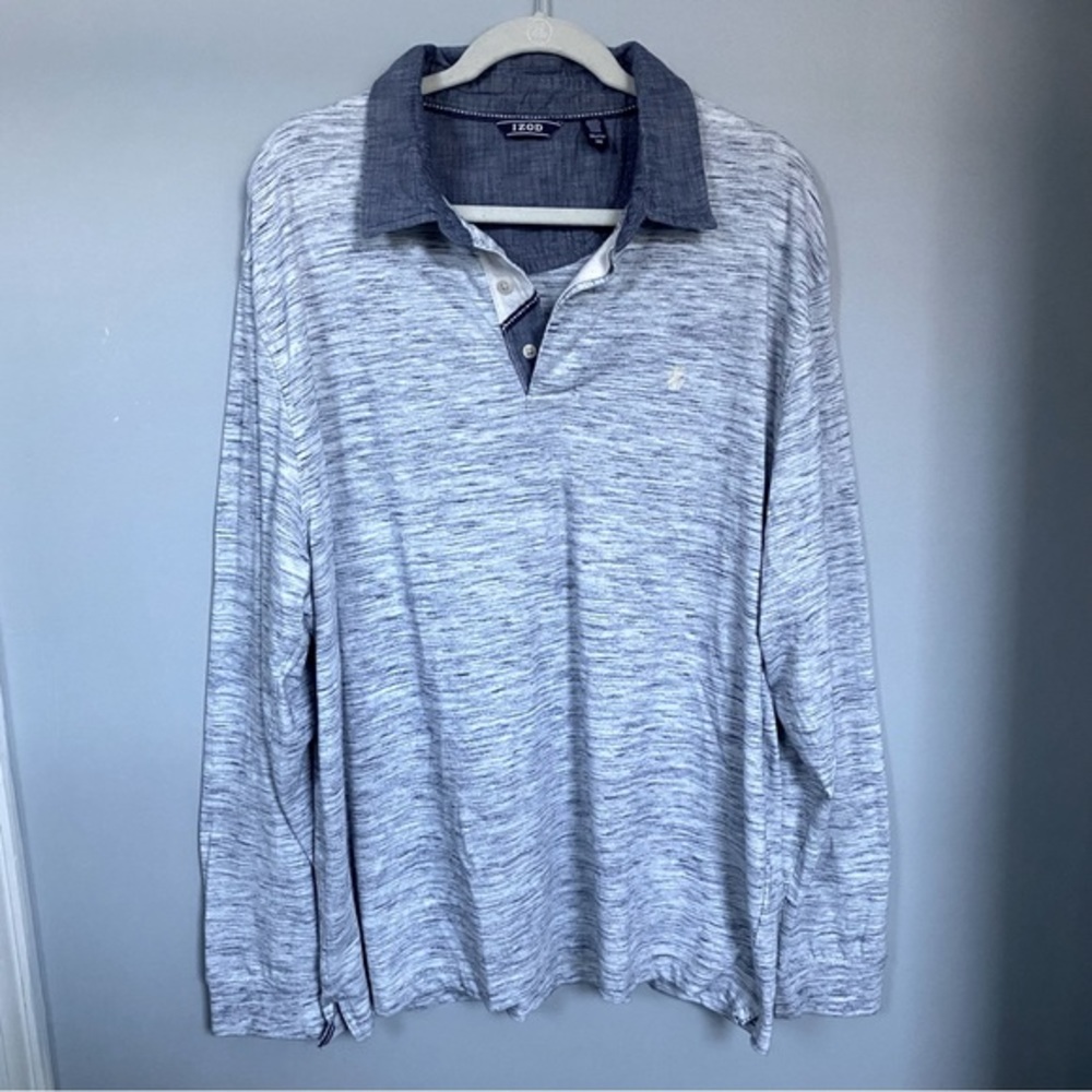 Izod long sleeve mens henley shirt chambray collar blue retro